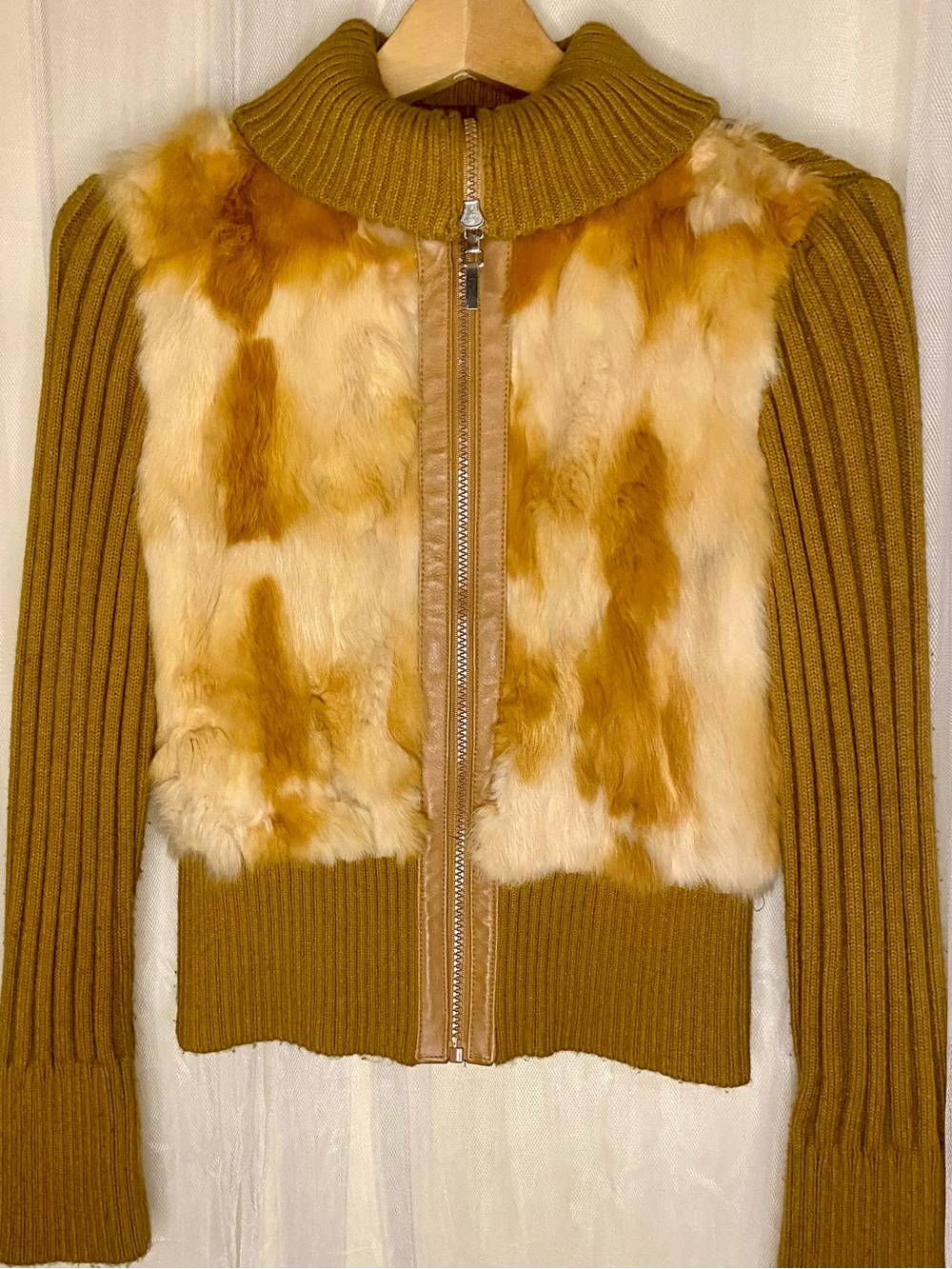Vintage Jennyfer J Genuine Rabbit Fur Ribbed Knit  Sweater Jacket Mustard Y2K